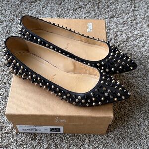 Christian Louboutin Black Leather Pointed Toe Studded Flats